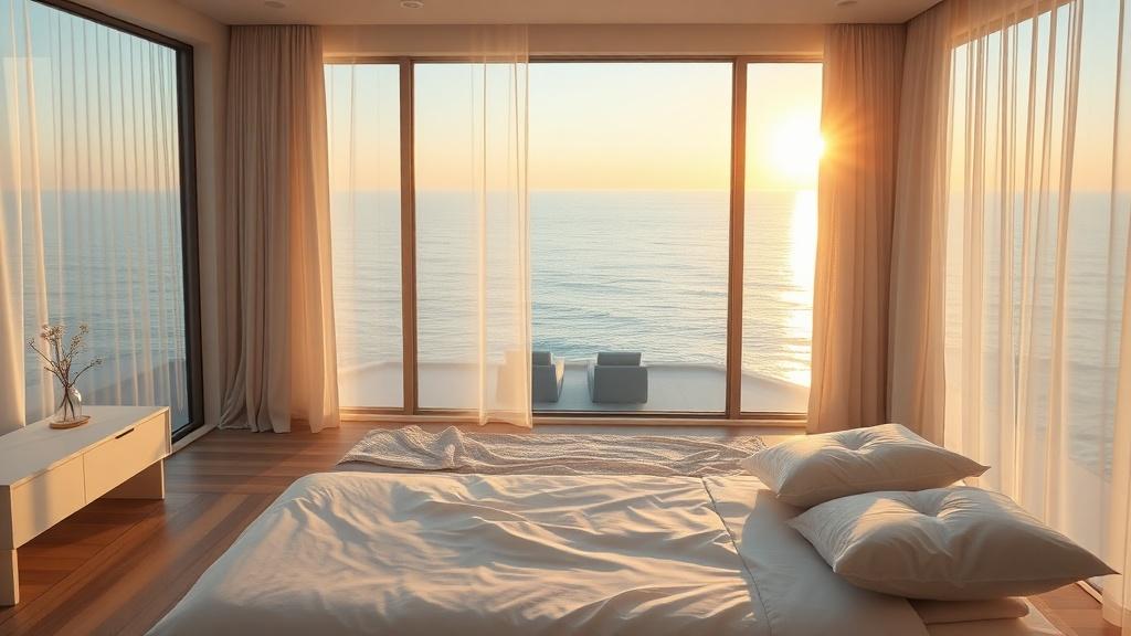 Luxury bedroom with ocean view at sunrise